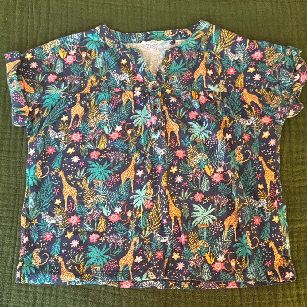 Fat Face Kids Jungle Print Short Sleeve Tee - Blue and Yellow